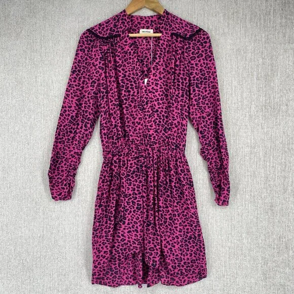 Zadig Voltaire Dress Womens XS Pink Mini Long Sleeve Cinch Leopard Print NEW - Picture 2 of 13
